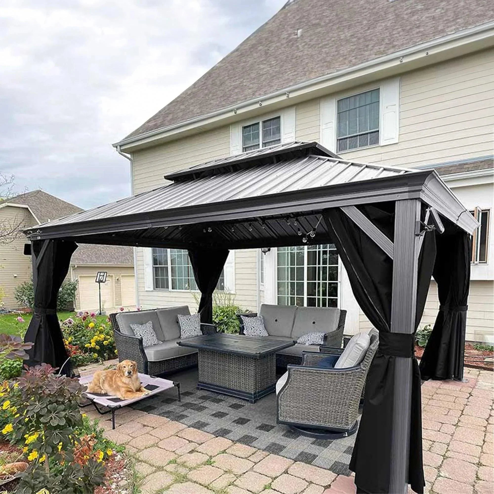 PURPLE LEAF Patio Gazebo for Pool Light Grey Hardtop Galvanized Steel Roof with String Lights-milky - Image 14