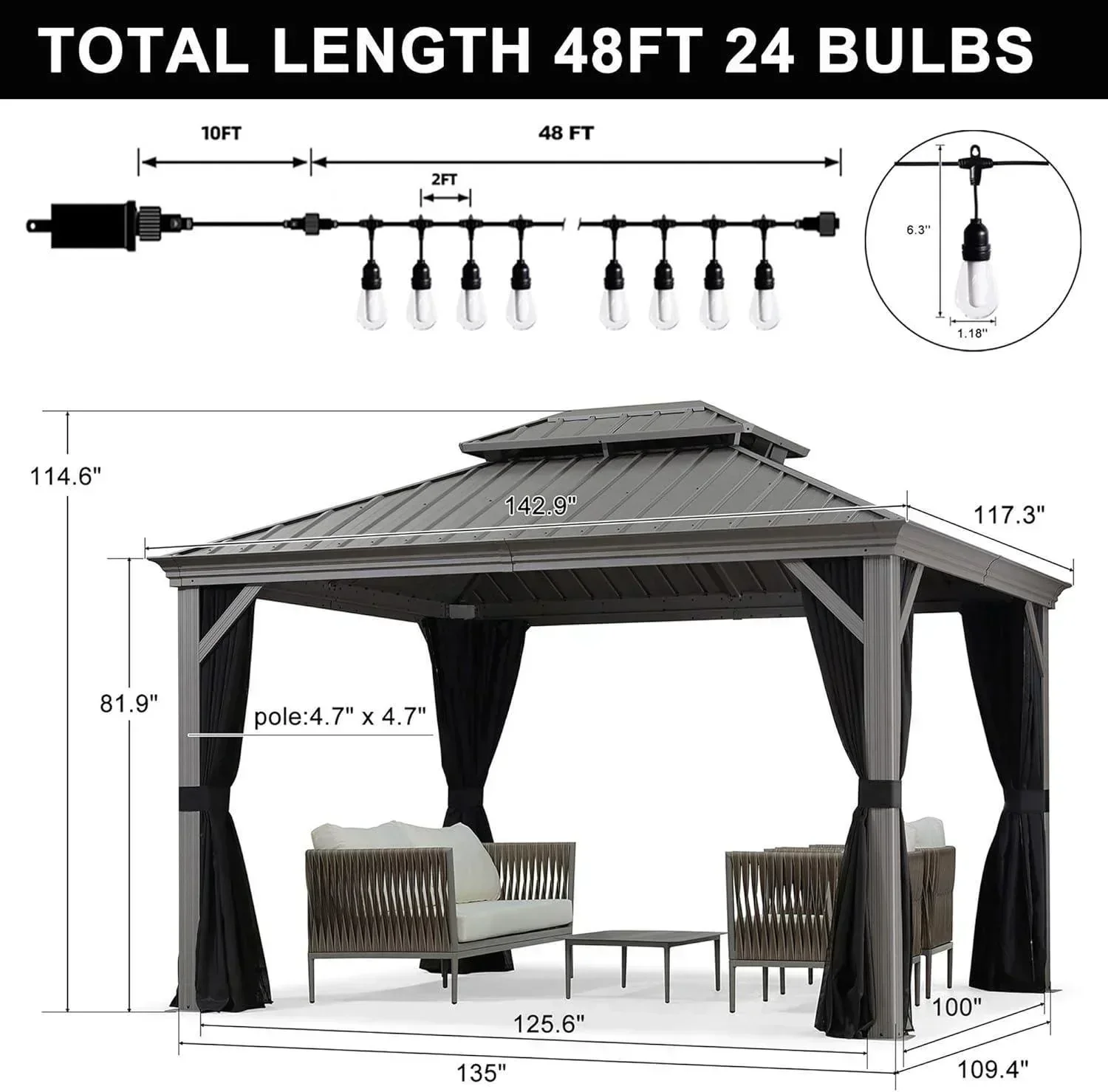 PURPLE LEAF Patio Gazebo for Pool Light Grey Hardtop Galvanized Steel Roof with String Lights-milky - Image 18
