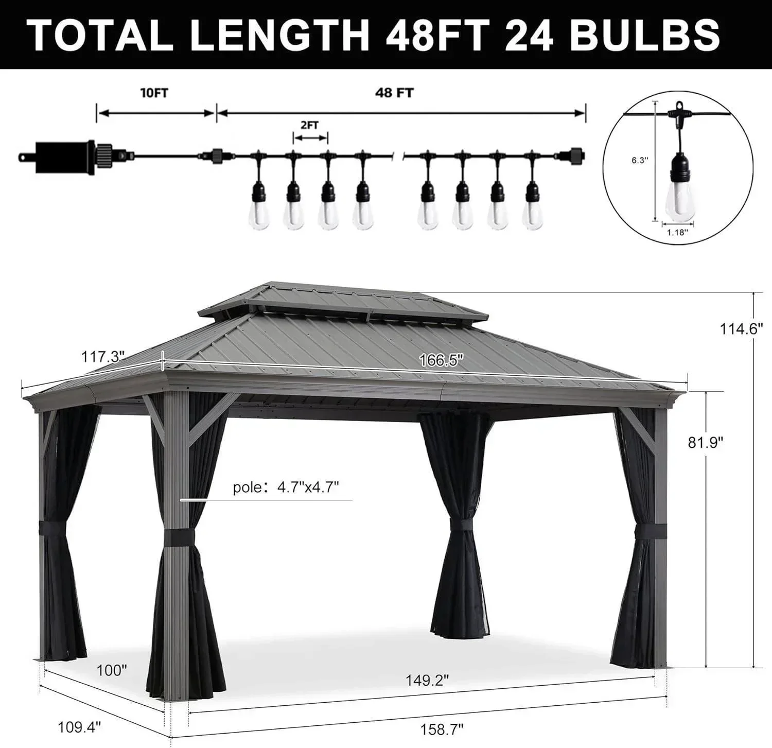 PURPLE LEAF Patio Gazebo for Pool Light Grey Hardtop Galvanized Steel Roof with String Lights-milky - Image 19