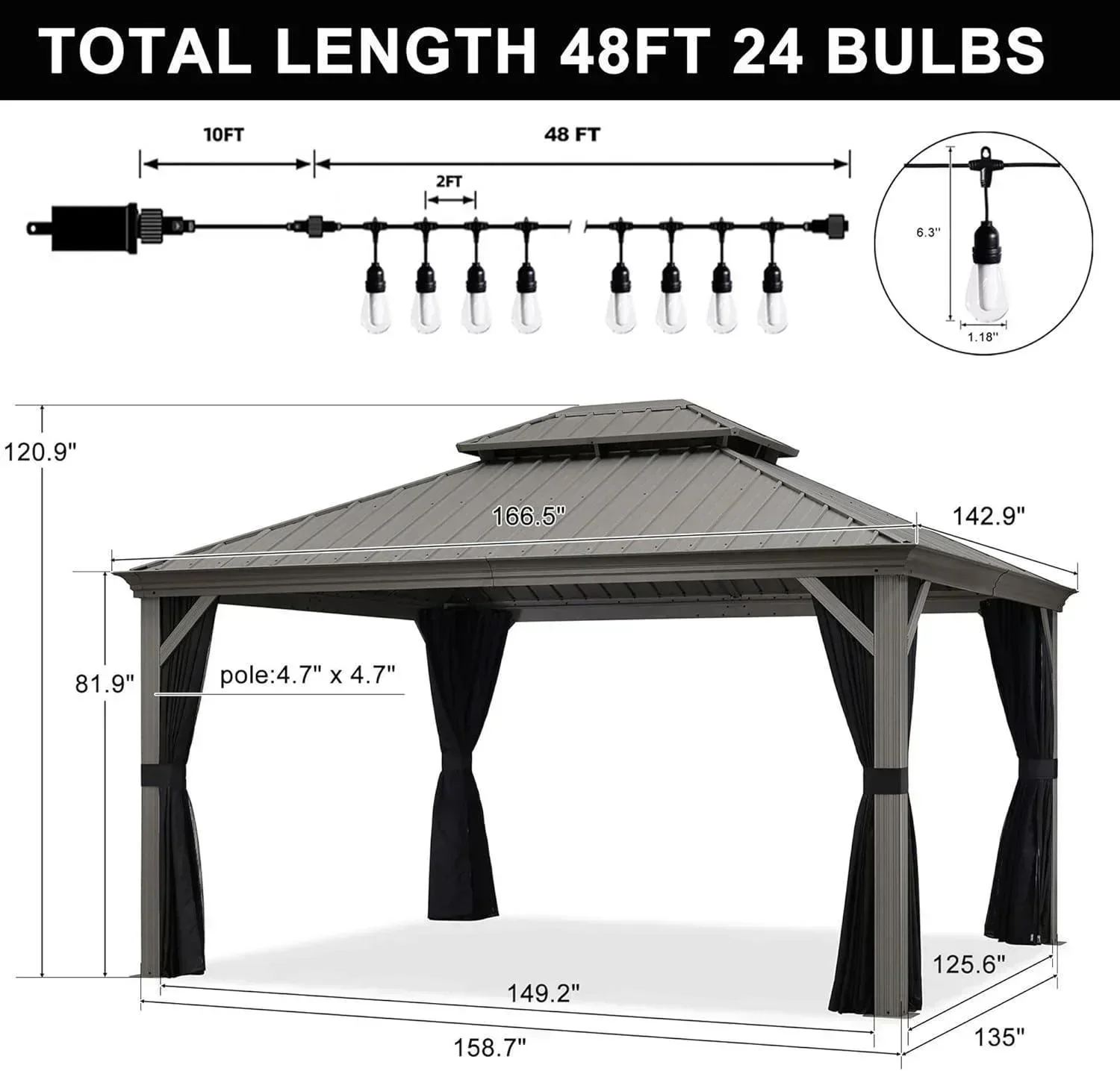 PURPLE LEAF Patio Gazebo for Pool Light Grey Hardtop Galvanized Steel Roof with String Lights-milky - Image 20