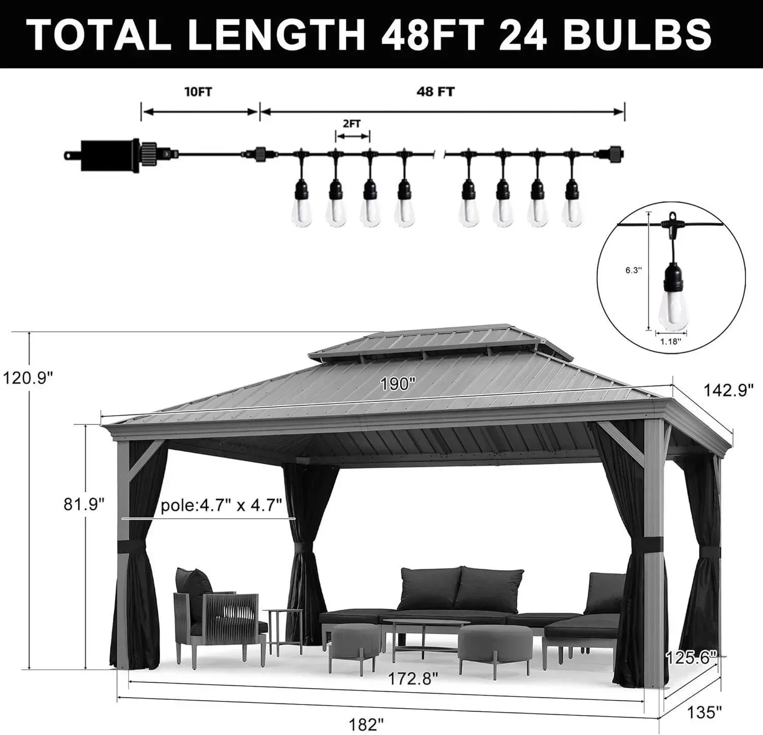 PURPLE LEAF Patio Gazebo for Pool Light Grey Hardtop Galvanized Steel Roof with String Lights-milky - Image 21