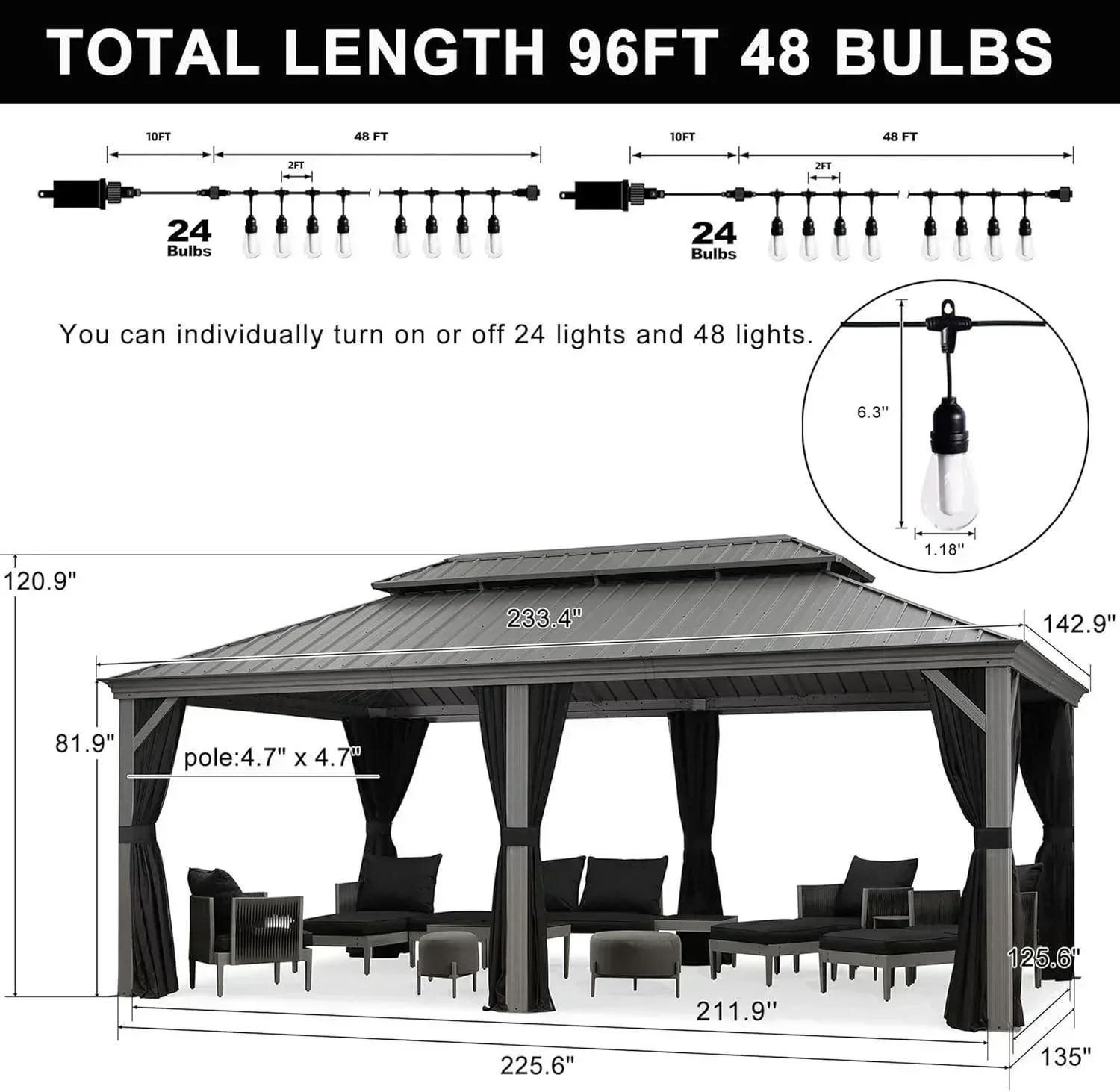 PURPLE LEAF Patio Gazebo for Pool Light Grey Hardtop Galvanized Steel Roof with String Lights-milky - Image 22