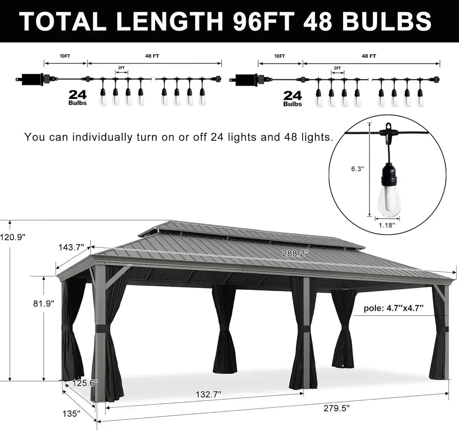 PURPLE LEAF Patio Gazebo for Pool Light Grey Hardtop Galvanized Steel Roof with String Lights-milky - Image 23