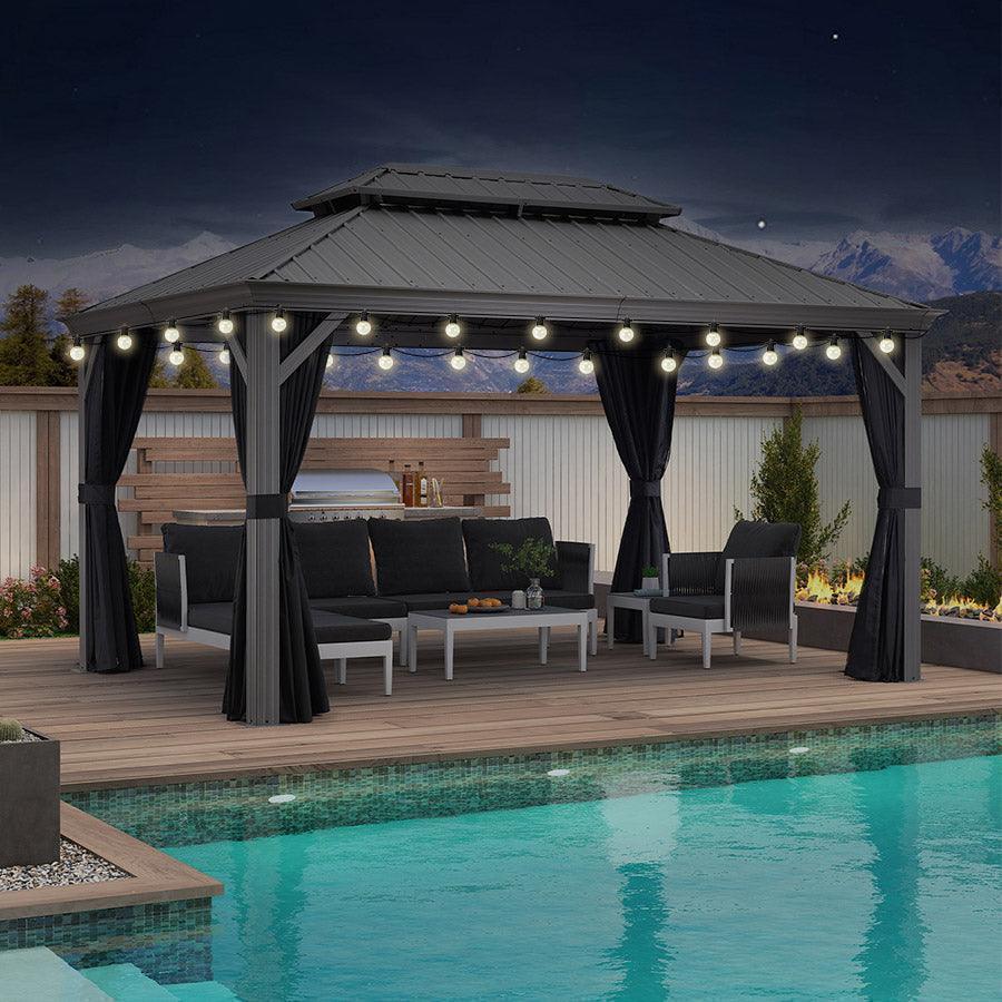 PURPLE LEAF Patio Gazebo for Pool Light Grey Hardtop Galvanized Steel Roof with String Lights-milky - Image 27