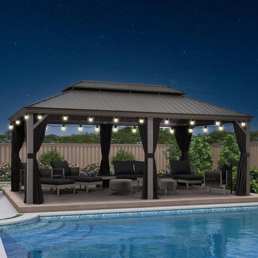 PURPLE LEAF Patio Gazebo for Pool Light Grey Hardtop Galvanized Steel Roof with String Lights-milky - Image 28