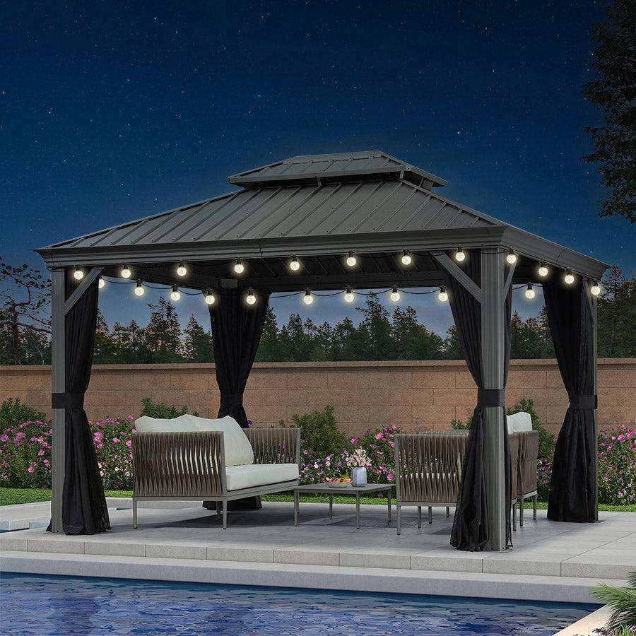 PURPLE LEAF Patio Gazebo for Pool Light Grey Hardtop Galvanized Steel Roof with String Lights-milky - Image 29