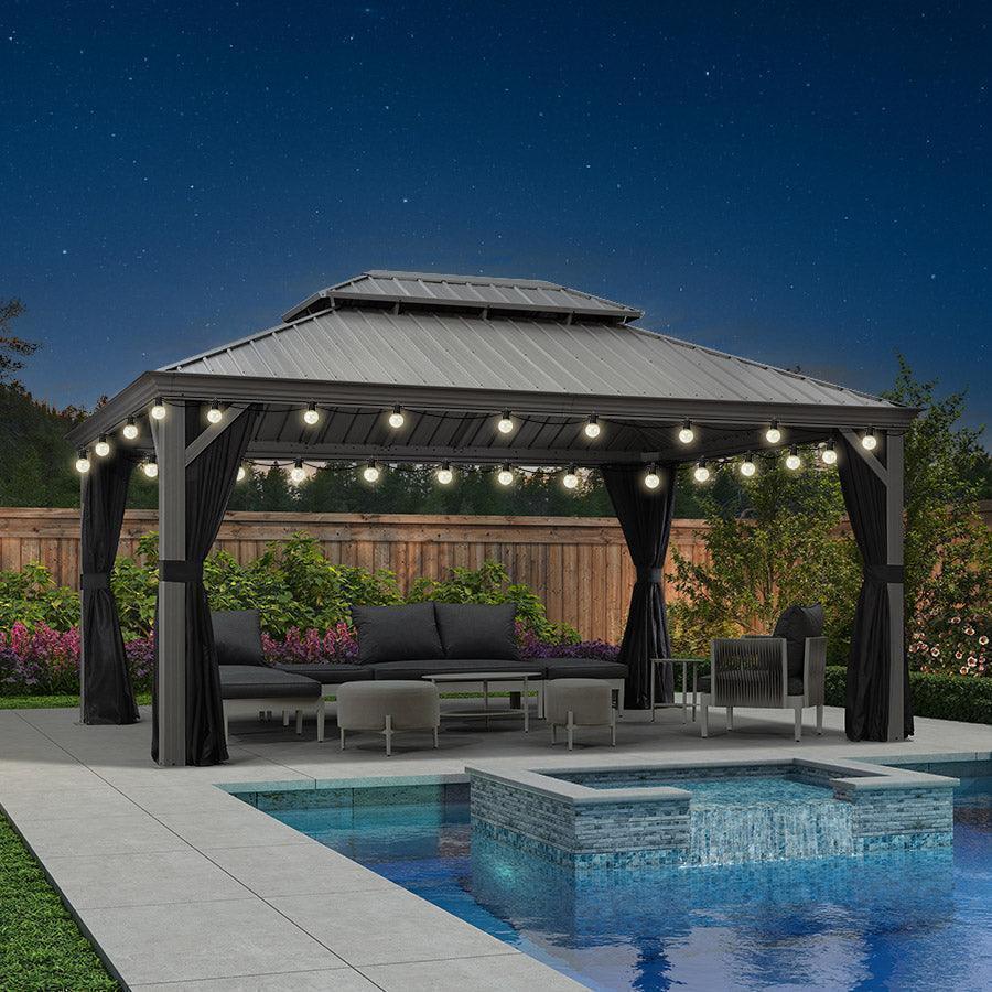 PURPLE LEAF Patio Gazebo for Pool Light Grey Hardtop Galvanized Steel Roof with String Lights-milky - Image 30