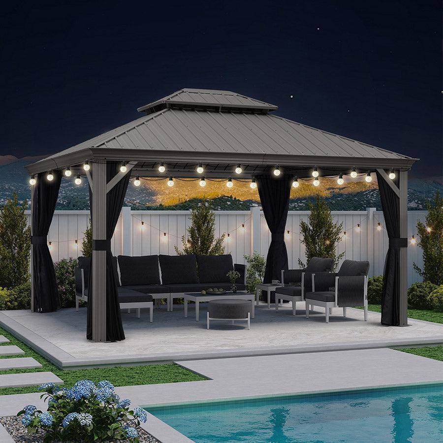 PURPLE LEAF Patio Gazebo for Pool Light Grey Hardtop Galvanized Steel Roof with String Lights-milky - Image 31