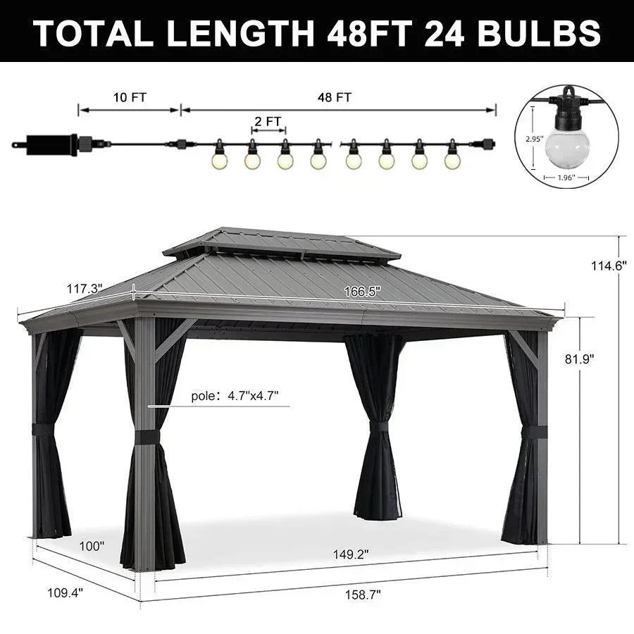 PURPLE LEAF Patio Gazebo for Pool Light Grey Hardtop Galvanized Steel Roof with String Lights-milky - Image 32