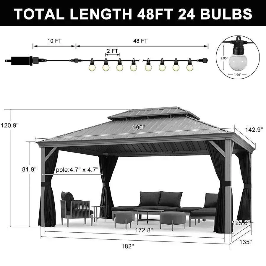 PURPLE LEAF Patio Gazebo for Pool Light Grey Hardtop Galvanized Steel Roof with String Lights-milky - Image 36