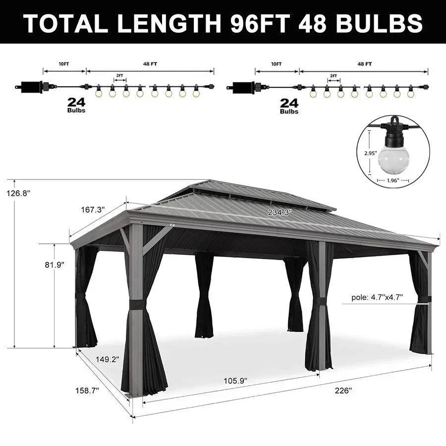 PURPLE LEAF Patio Gazebo for Pool Light Grey Hardtop Galvanized Steel Roof with String Lights-milky - Image 37