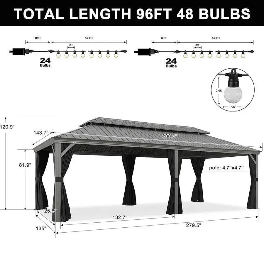 PURPLE LEAF Patio Gazebo for Pool Light Grey Hardtop Galvanized Steel Roof with String Lights-milky - Image 38