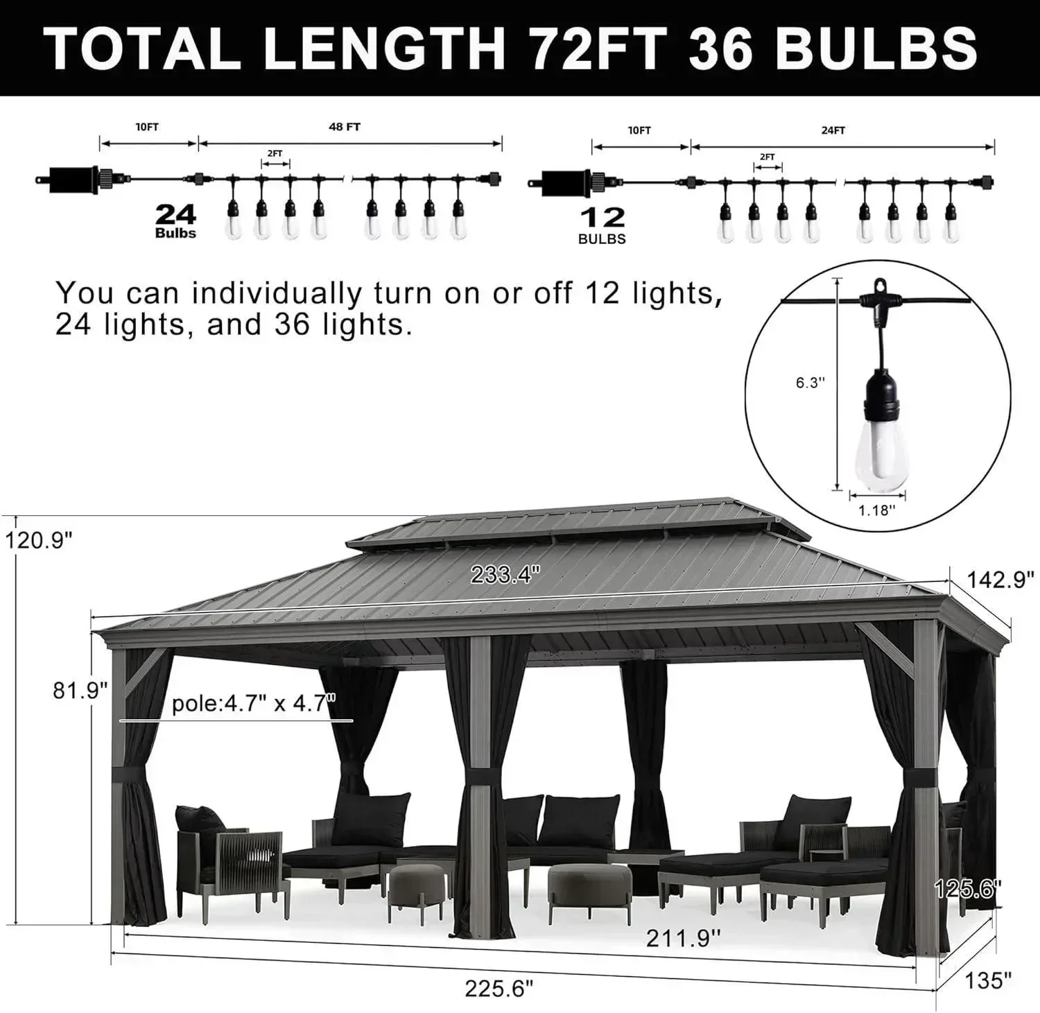 PURPLE LEAF Patio Gazebo for Pool Light Grey Hardtop Galvanized Steel Roof with String Lights-milky - Image 39