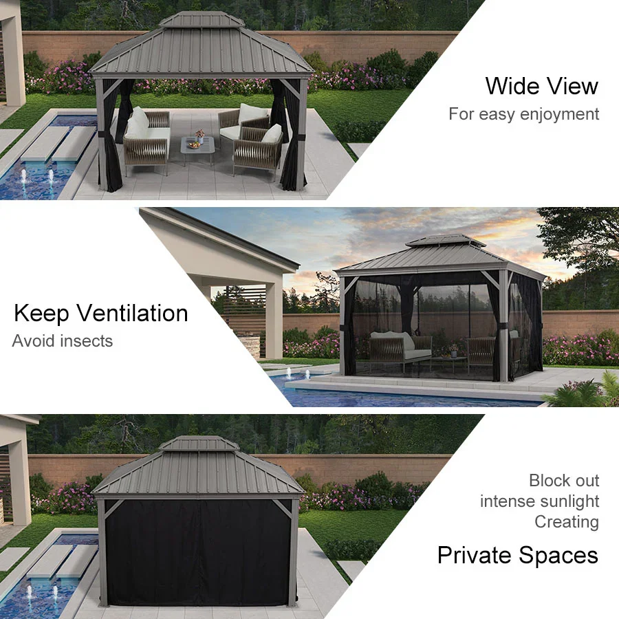 PURPLE LEAF Patio Gazebo for Pool Light Grey Hardtop Galvanized Steel Roof with String Lights-milky - Image 51