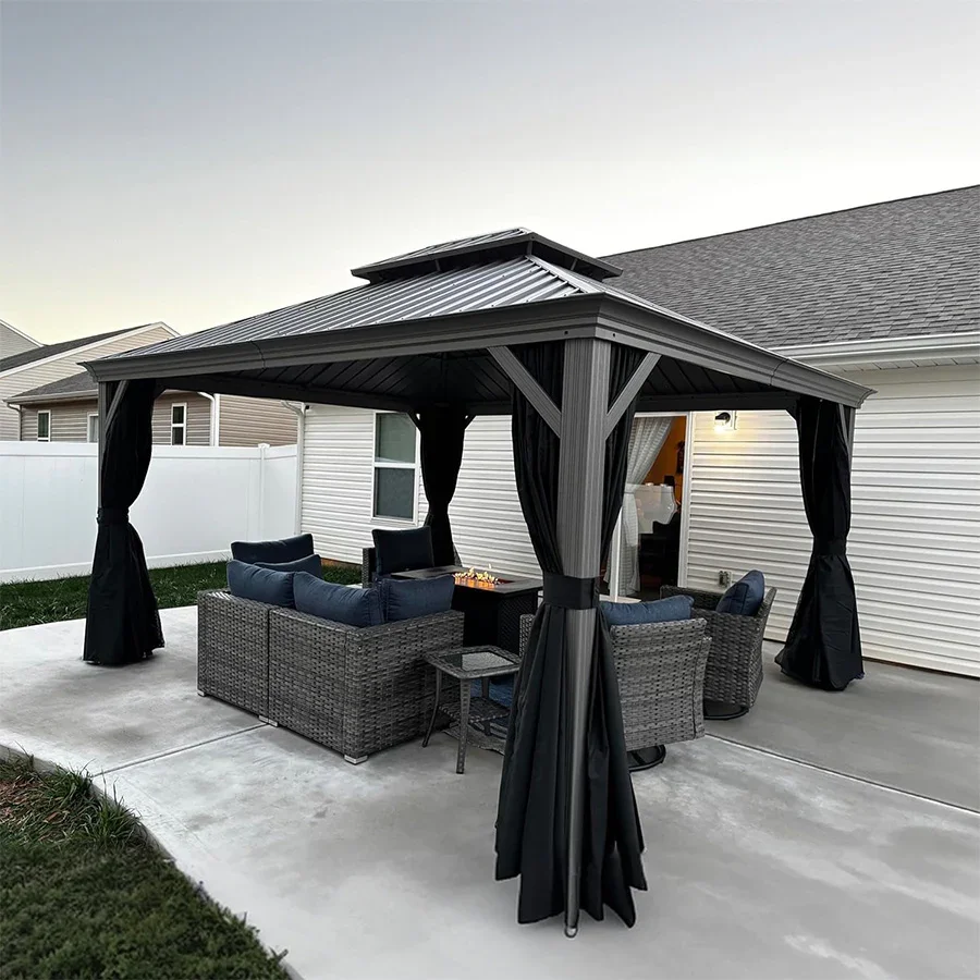 PURPLE LEAF Patio Gazebo for Pool Light Grey Hardtop Galvanized Steel Roof with String Lights-milky - Image 62