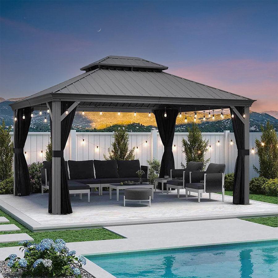 PURPLE LEAF Patio Gazebo for Pool Light Grey Hardtop Galvanized Steel Roof with String Lights-milky - Image 65