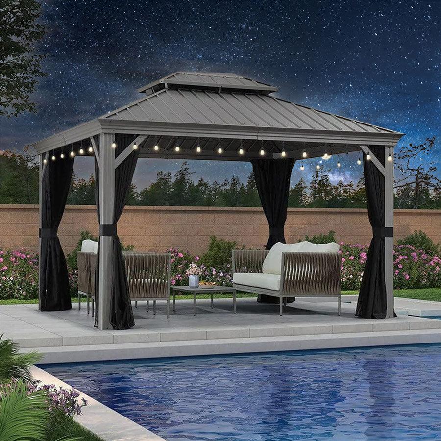 PURPLE LEAF Patio Gazebo for Pool Light Grey Hardtop Galvanized Steel Roof with String Lights-milky - Image 6