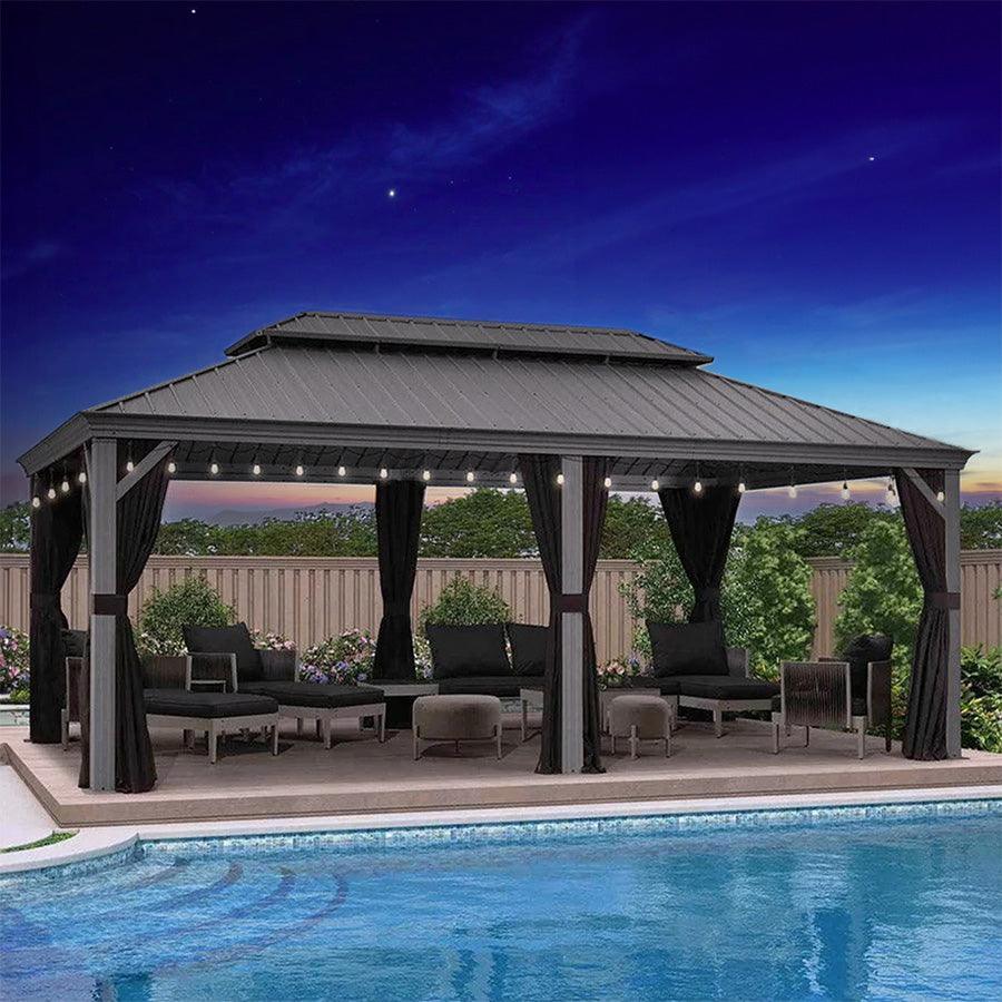PURPLE LEAF Patio Gazebo for Pool Light Grey Hardtop Galvanized Steel Roof with String Lights-milky - Image 66