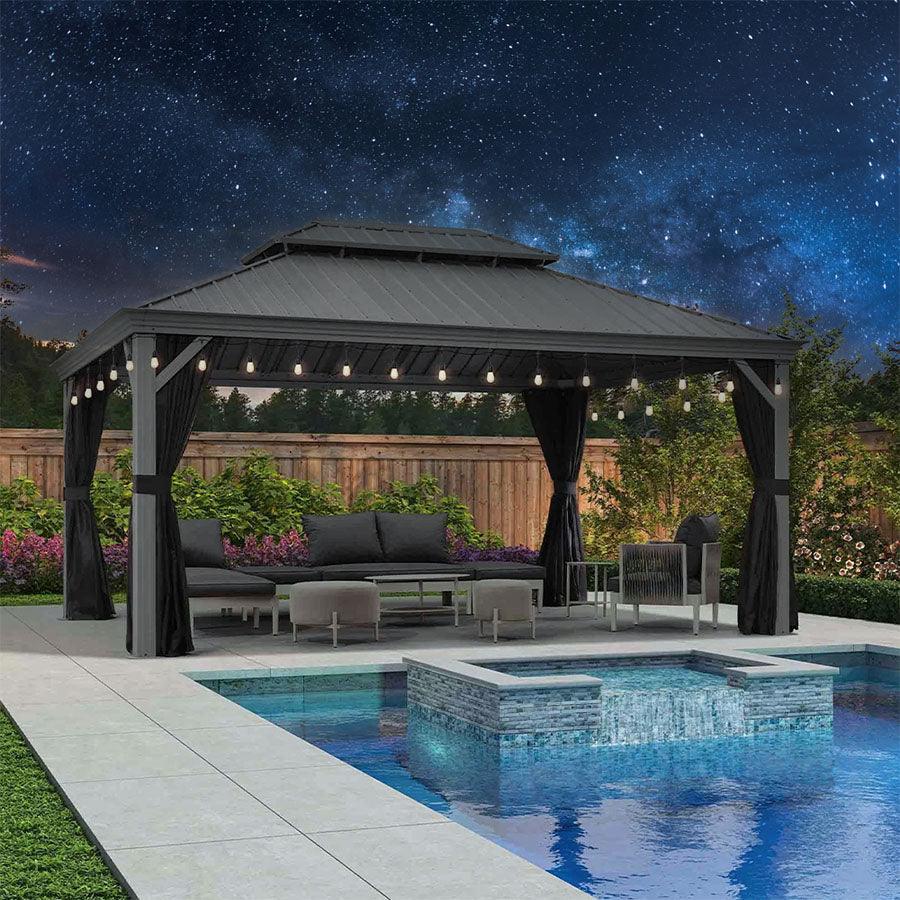 PURPLE LEAF Patio Gazebo for Pool Light Grey Hardtop Galvanized Steel Roof with String Lights-milky - Image 67