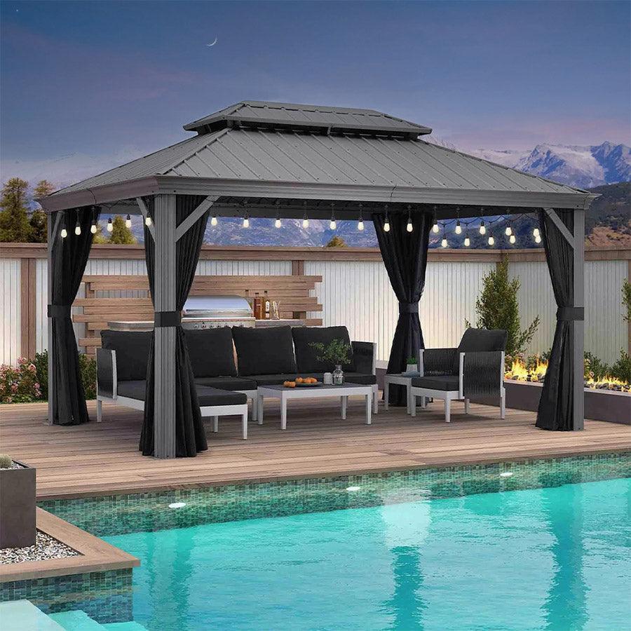 PURPLE LEAF Patio Gazebo for Pool Light Grey Hardtop Galvanized Steel Roof with String Lights-milky - Image 69