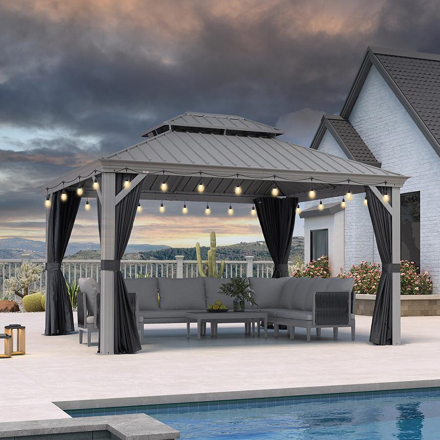 PURPLE LEAF Patio Gazebo for Pool Light Grey Hardtop Galvanized Steel Roof with String Lights-milky - Image 71