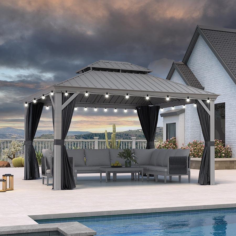 PURPLE LEAF Patio Gazebo for Pool Light Grey Hardtop Galvanized Steel Roof with String Lights-milky - Image 72