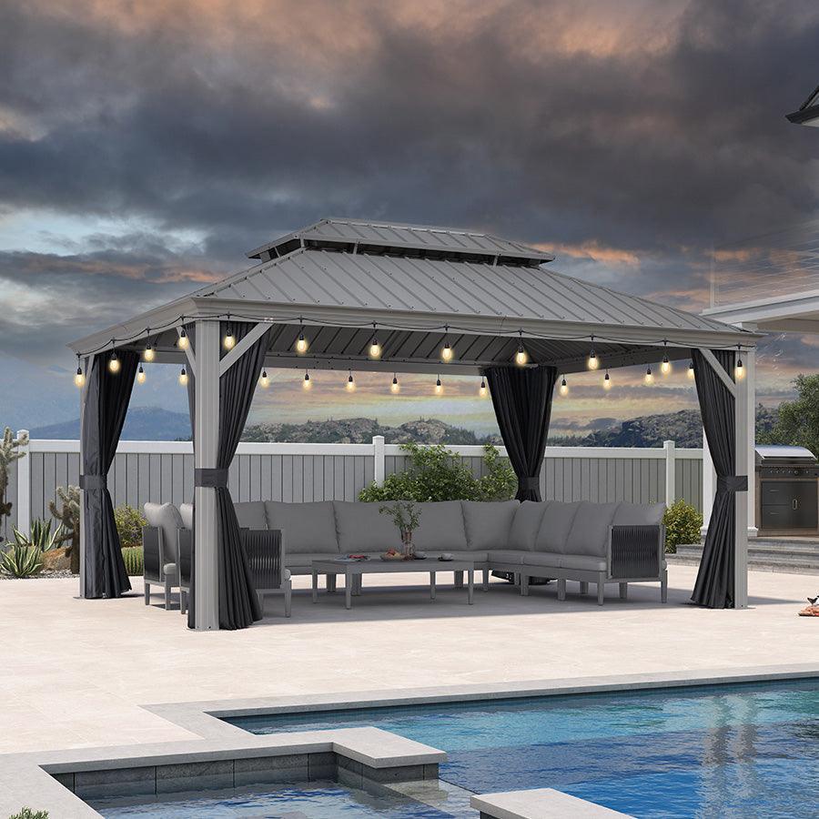 PURPLE LEAF Patio Gazebo for Pool Light Grey Hardtop Galvanized Steel Roof with String Lights-milky - Image 73