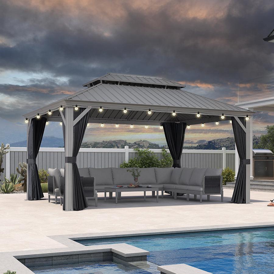 PURPLE LEAF Patio Gazebo for Pool Light Grey Hardtop Galvanized Steel Roof with String Lights-milky - Image 74