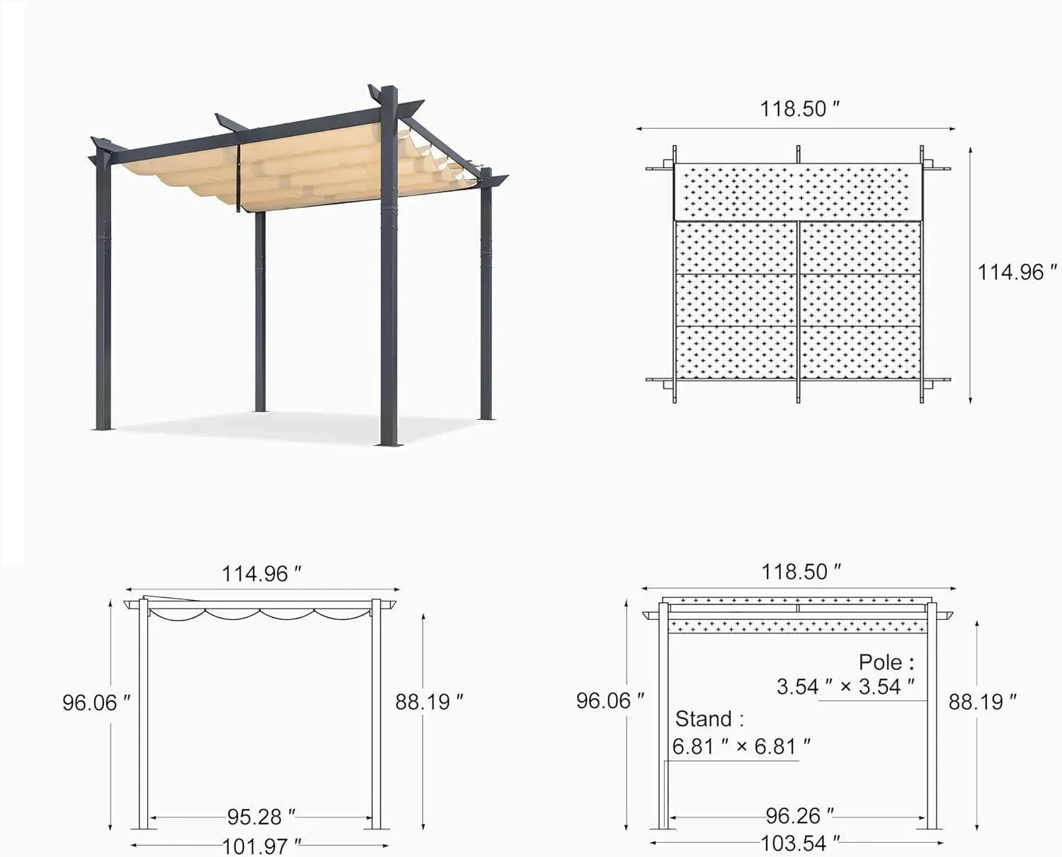 PURPLE LEAF Patio Retractable Pergola with Shade Canopy Modern Grill Gazebo Metal Shelter Pavilion for Porch Deck Garden Backyard Outdoor Pergola, Grey - Image 38