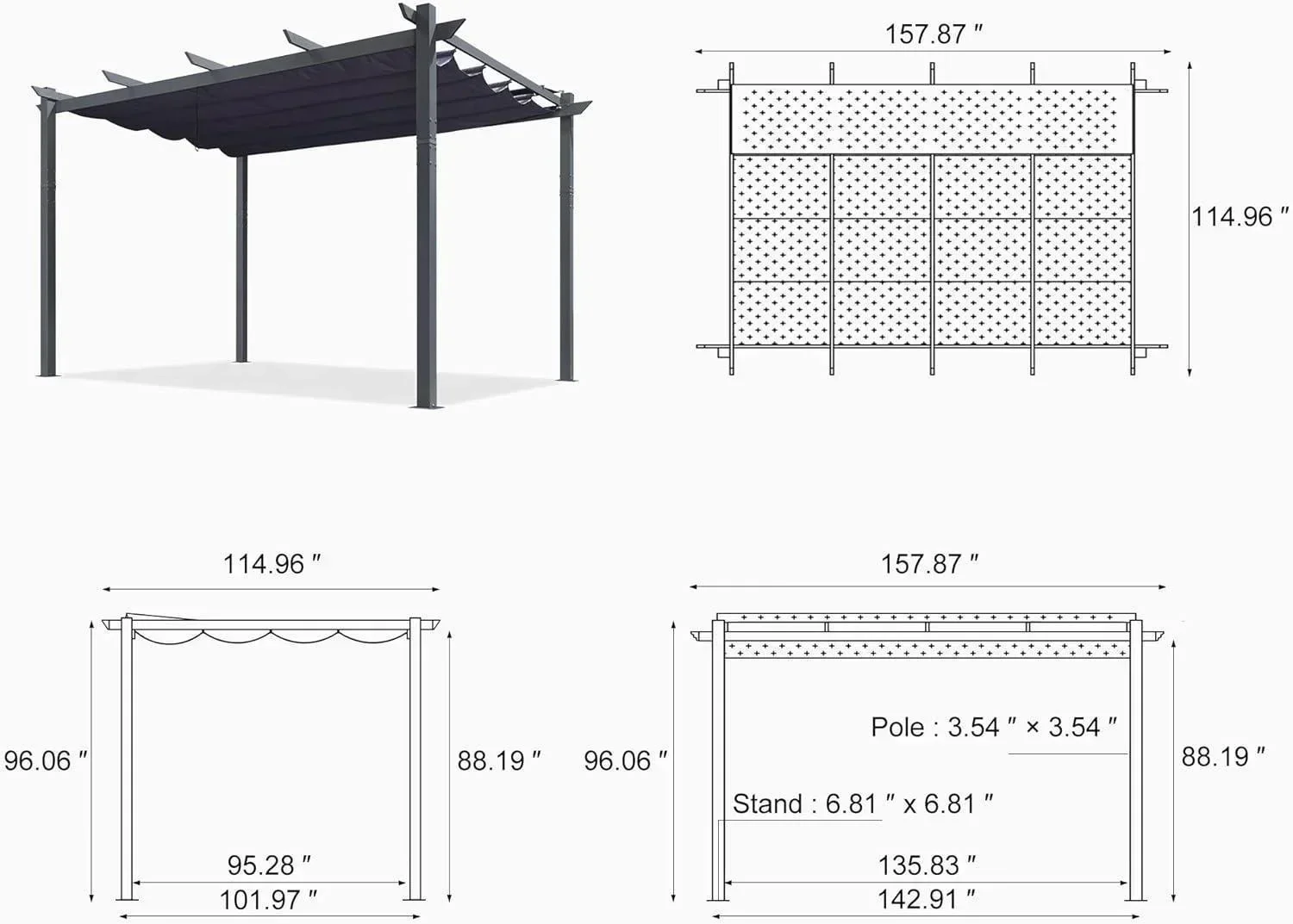 PURPLE LEAF Patio Retractable Pergola with Shade Canopy Modern Grill Gazebo Metal Shelter Pavilion for Porch Deck Garden Backyard Outdoor Pergola, Grey - Image 39