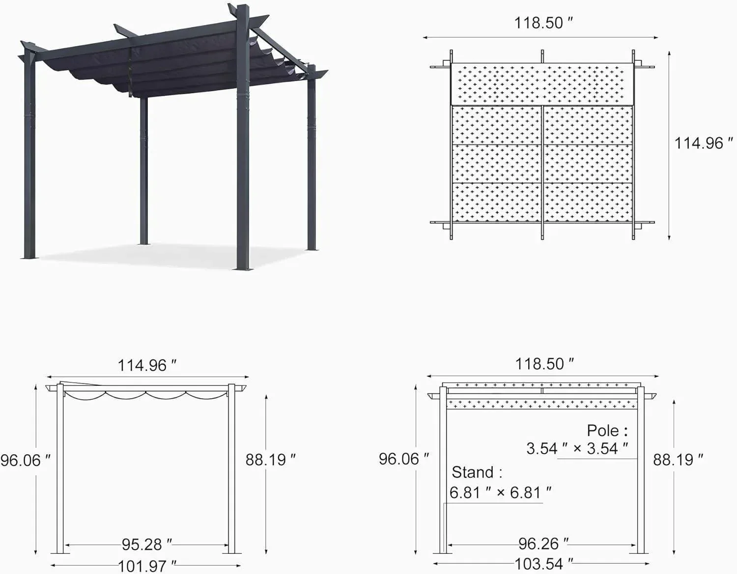 PURPLE LEAF Patio Retractable Pergola with Shade Canopy Modern Grill Gazebo Metal Shelter Pavilion for Porch Deck Garden Backyard Outdoor Pergola, Grey - Image 40