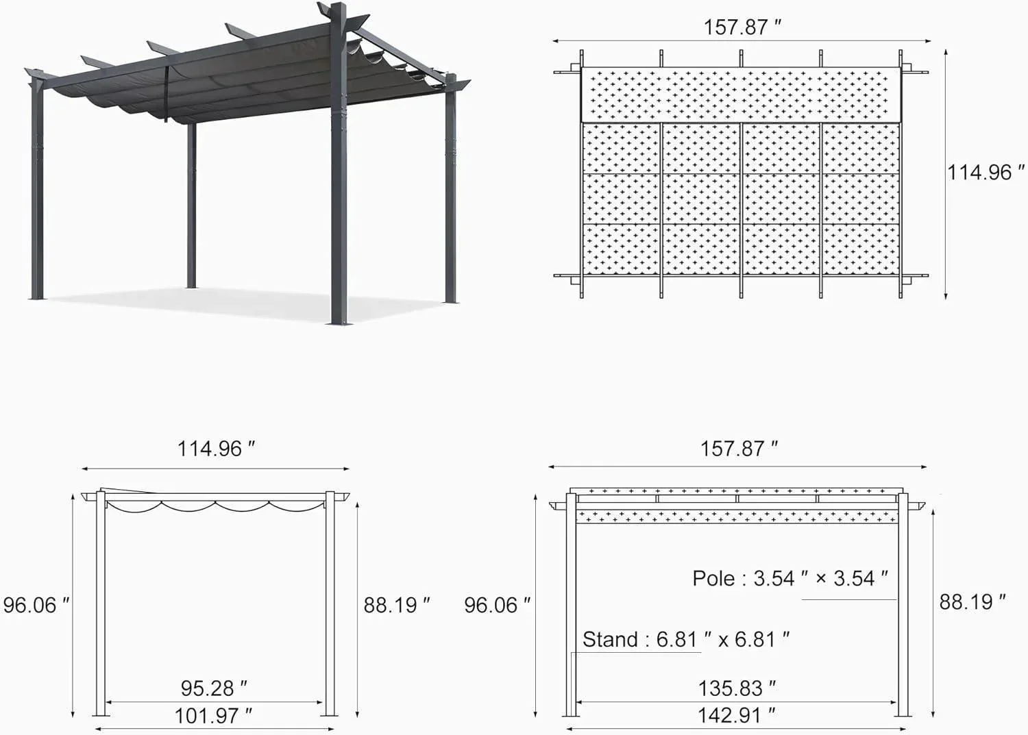 PURPLE LEAF Patio Retractable Pergola with Shade Canopy Modern Grill Gazebo Metal Shelter Pavilion for Porch Deck Garden Backyard Outdoor Pergola, Grey - Image 41