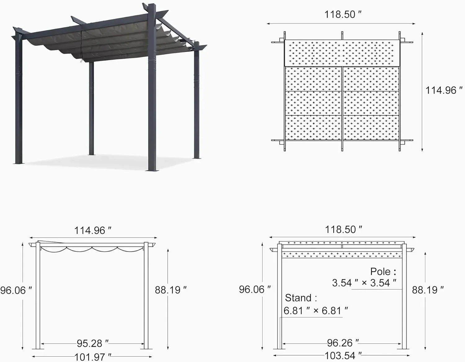 PURPLE LEAF Patio Retractable Pergola with Shade Canopy Modern Grill Gazebo Metal Shelter Pavilion for Porch Deck Garden Backyard Outdoor Pergola, Grey - Image 42