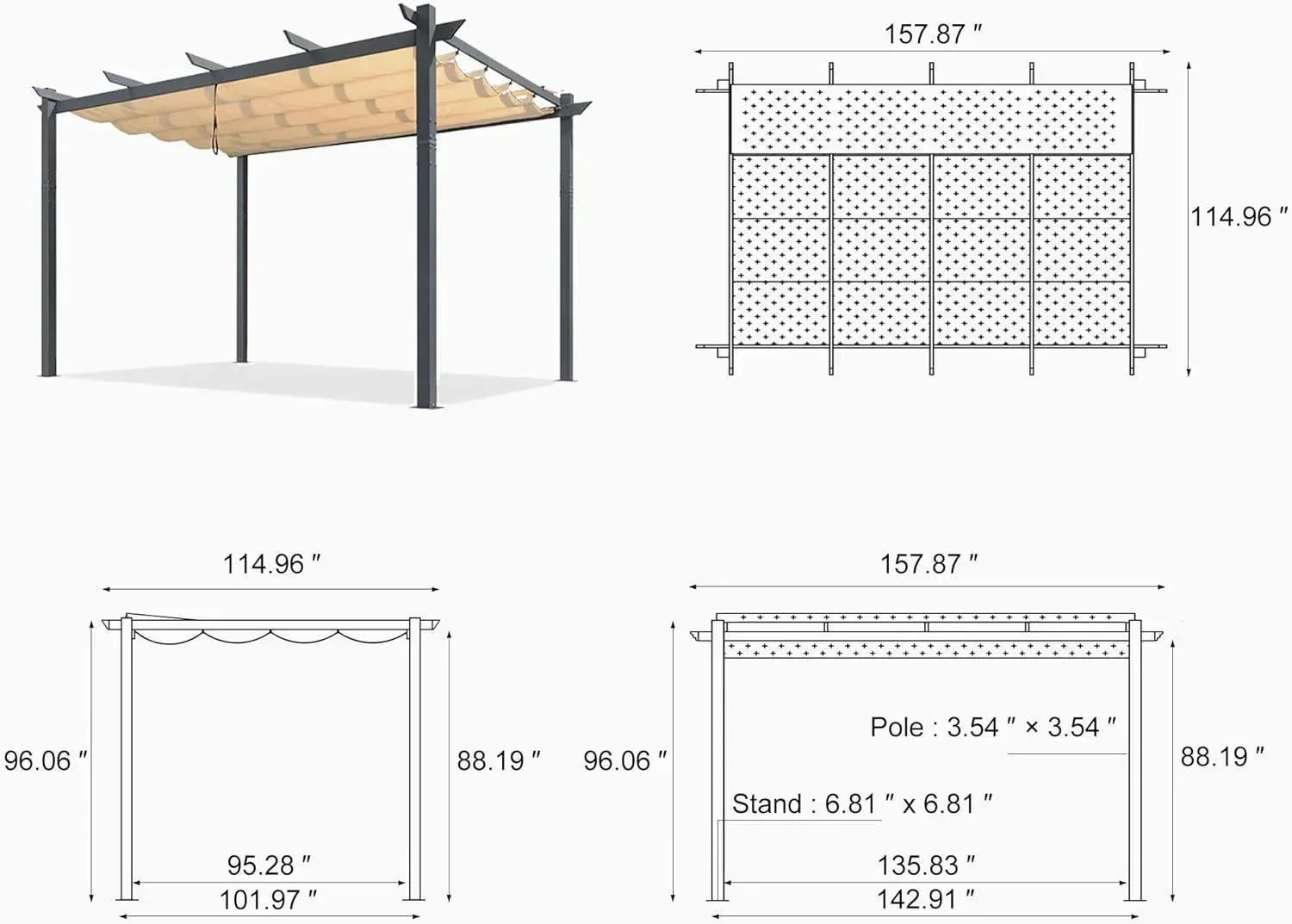 PURPLE LEAF Patio Retractable Pergola with Shade Canopy Modern Grill Gazebo Metal Shelter Pavilion for Porch Deck Garden Backyard Outdoor Pergola, Grey - Image 43