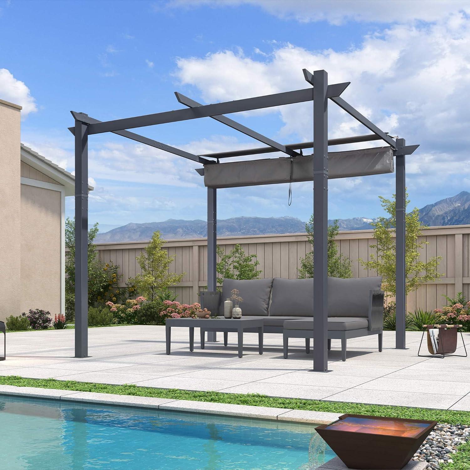 PURPLE LEAF Patio Retractable Pergola with Shade Canopy Modern Grill Gazebo Metal Shelter Pavilion for Porch Deck Garden Backyard With Curtains - Image 16