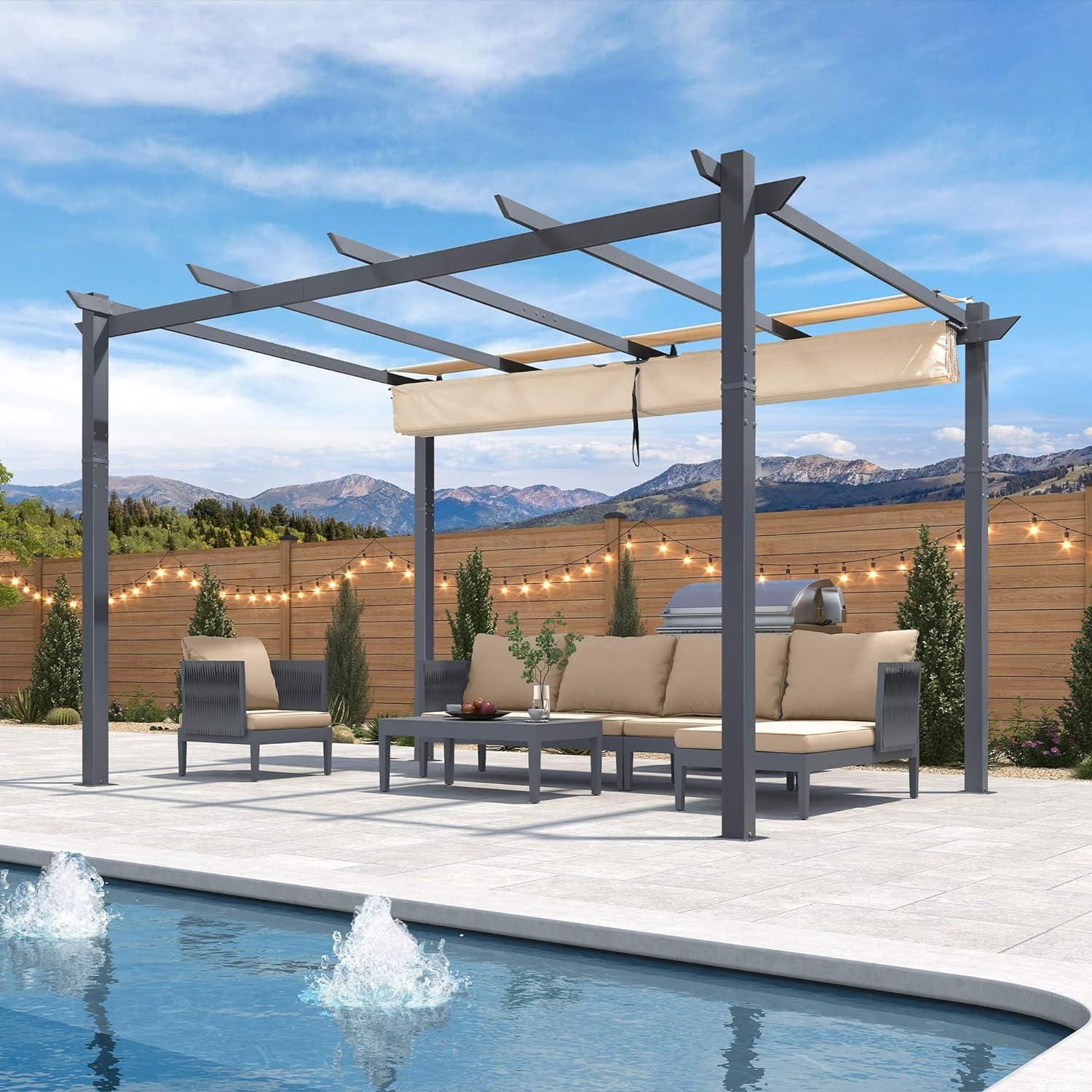 PURPLE LEAF Patio Retractable Pergola with Shade Canopy Modern Grill Gazebo Metal Shelter Pavilion for Porch Deck Garden Backyard With Curtains - Image 27