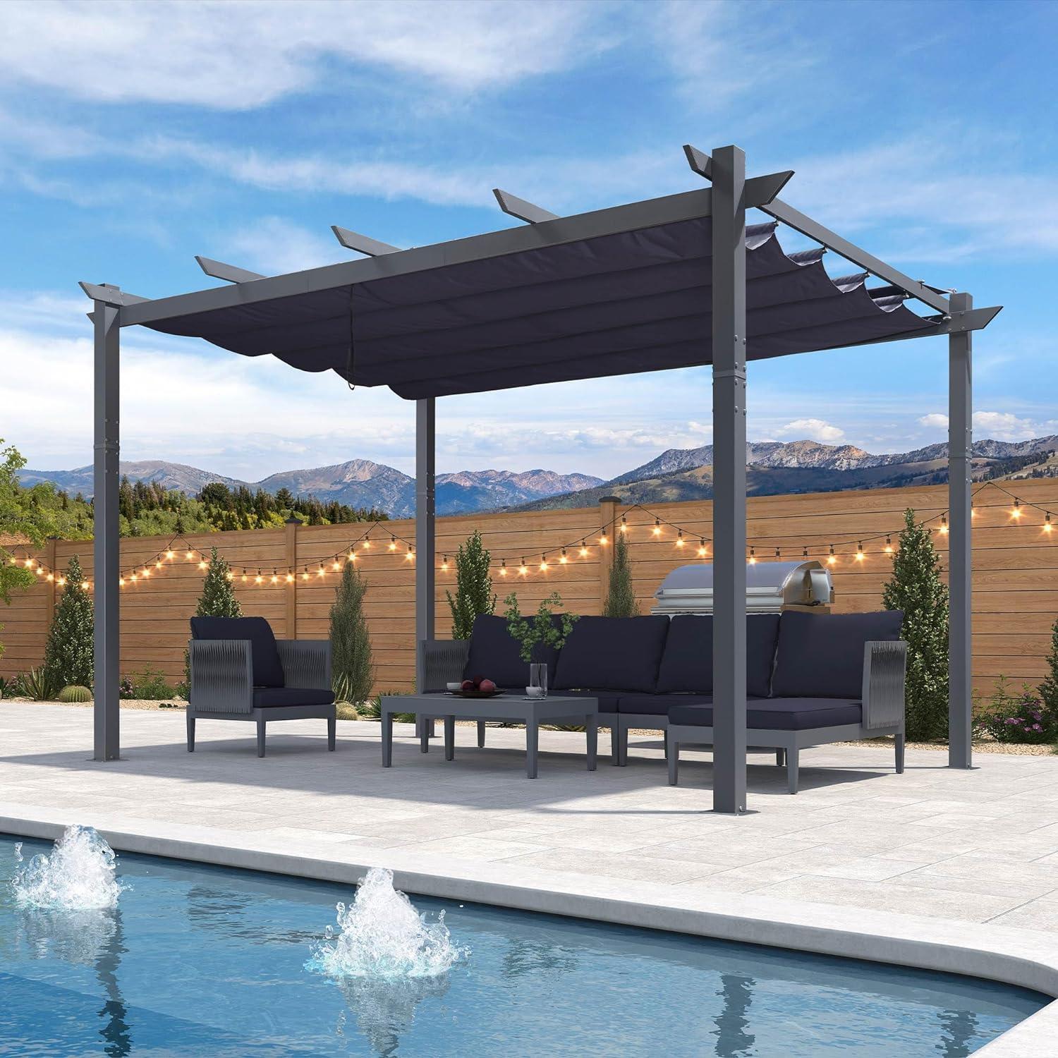 PURPLE LEAF Patio Retractable Pergola with Shade Canopy Modern Grill Gazebo Metal Shelter Pavilion for Porch Deck Garden Backyard With Curtains - Image 31