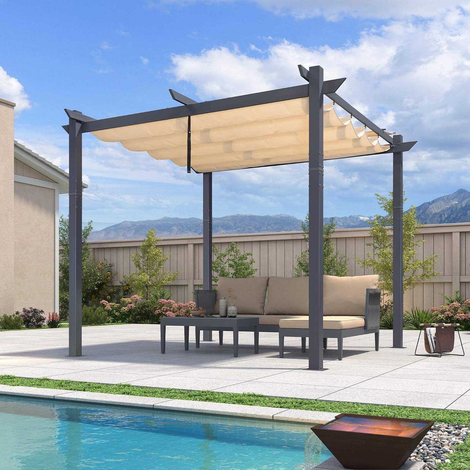 PURPLE LEAF Patio Retractable Pergola with Shade Canopy Modern Grill Gazebo Metal Shelter Pavilion for Porch Deck Garden Backyard With Curtains - Image 36