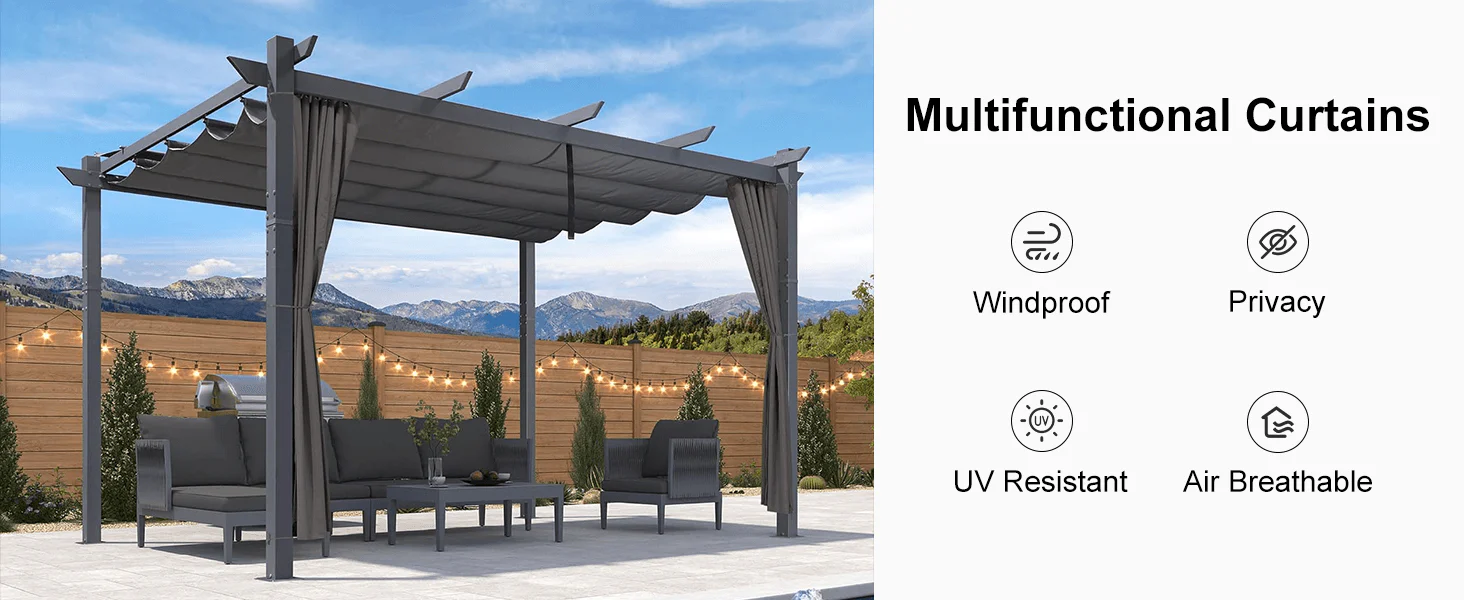 PURPLE LEAF Patio Retractable Pergola with Shade Canopy Modern Grill Gazebo Metal Shelter Pavilion for Porch Deck Garden Backyard With Curtains - Image 42