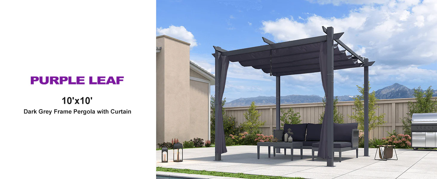 PURPLE LEAF Patio Retractable Pergola with Shade Canopy Modern Grill Gazebo Metal Shelter Pavilion for Porch Deck Garden Backyard With Curtains - Image 43