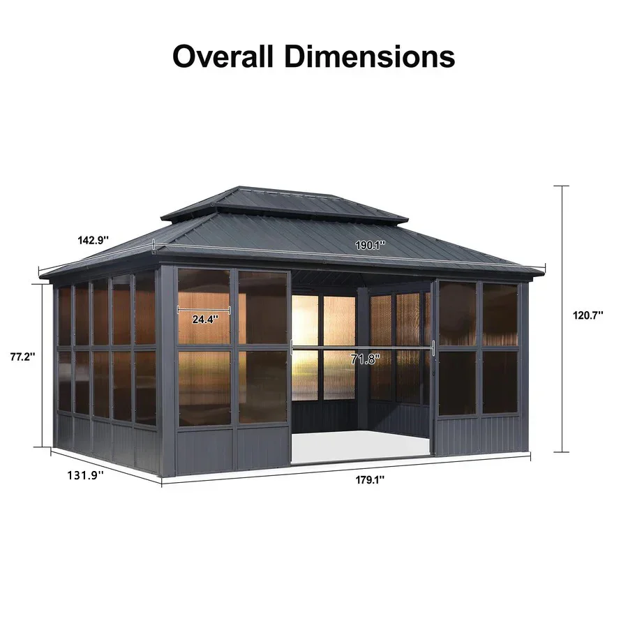 PURPLE LEAF Sunroom Hardtop Gazebo Solarium Grey Galvanized Steel Double Roof  All-Weather Aluminum Outdoor Screen House - Image 55