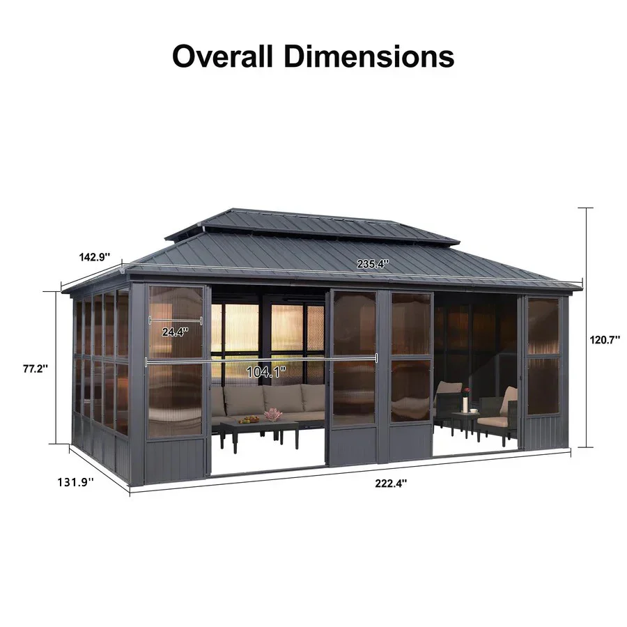 PURPLE LEAF Sunroom Hardtop Gazebo Solarium Grey Galvanized Steel Double Roof  All-Weather Aluminum Outdoor Screen House - Image 56