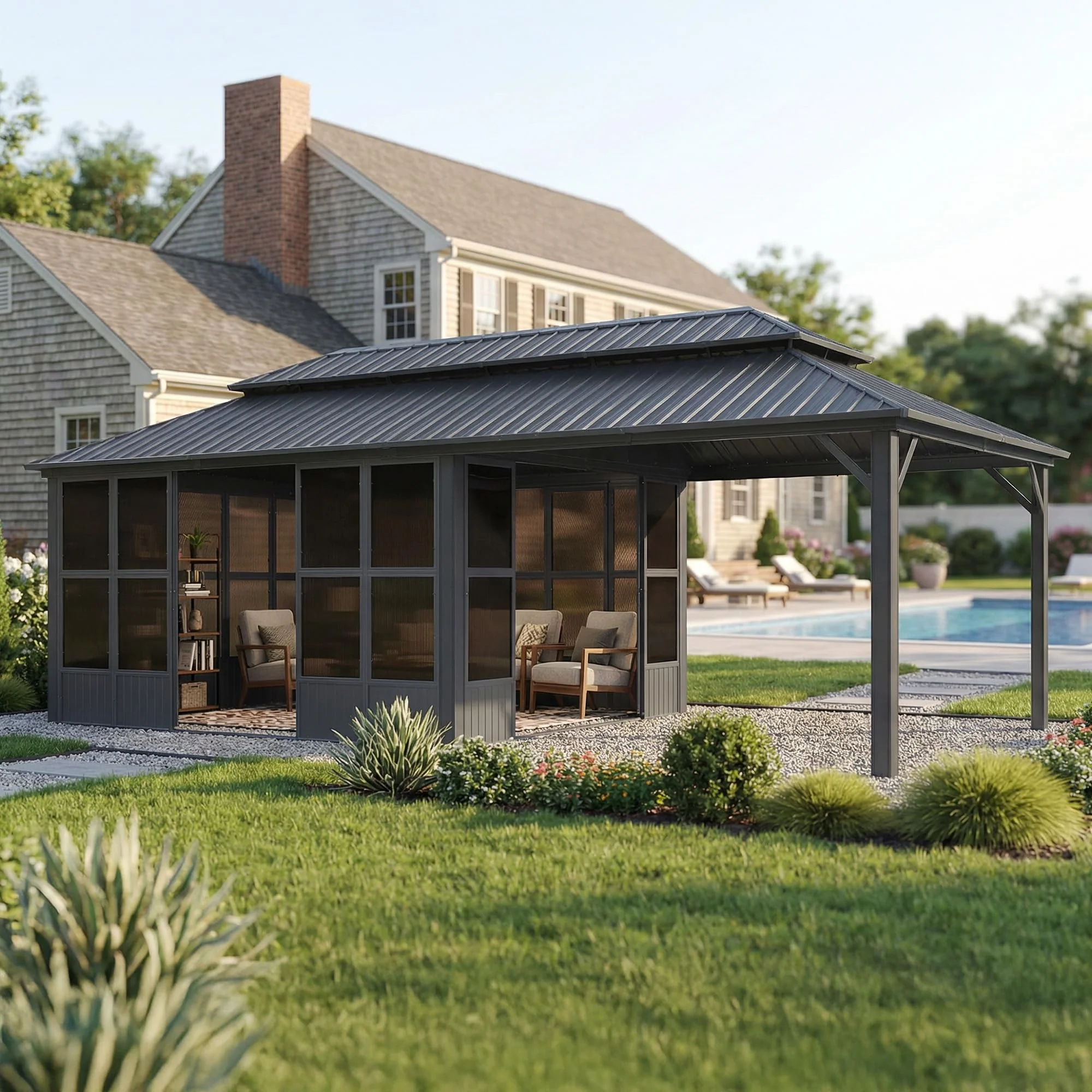 PURPLE LEAF Sunroom Hardtop Gazebo Solarium Grey Galvanized Steel Double Roof  All-Weather Aluminum Outdoor Screen House - Image 72