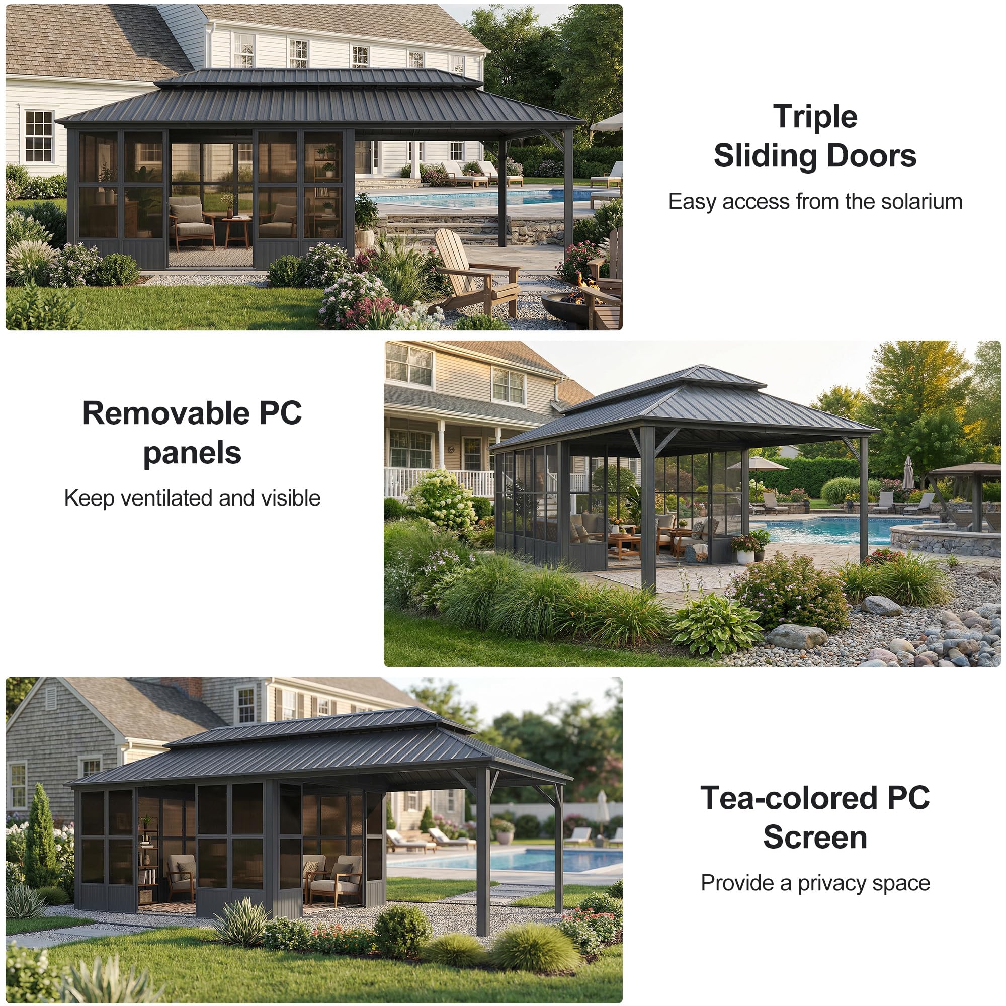 PURPLE LEAF Sunroom Hardtop Gazebo Solarium Grey Galvanized Steel Double Roof  All-Weather Aluminum Outdoor Screen House - Image 73