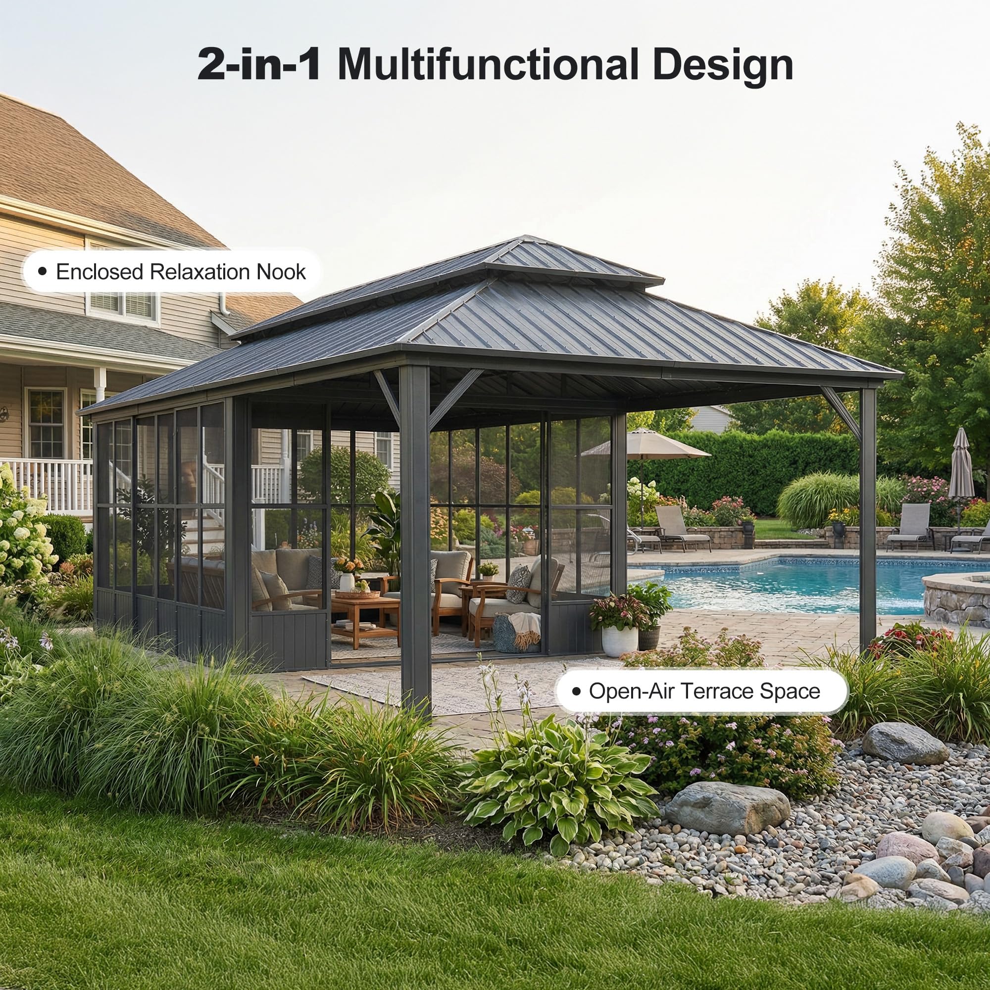 PURPLE LEAF Sunroom Hardtop Gazebo Solarium Grey Galvanized Steel Double Roof  All-Weather Aluminum Outdoor Screen House - Image 74