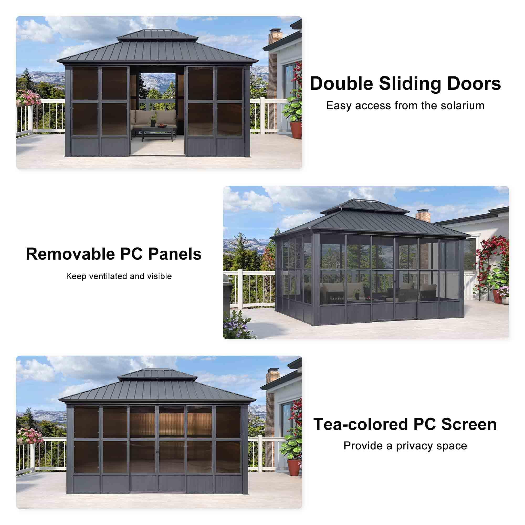 PURPLE LEAF Sunroom Hardtop Gazebo Solarium Grey Galvanized Steel Double Roof  All-Weather Aluminum Outdoor Screen House with String Lights - Image 10