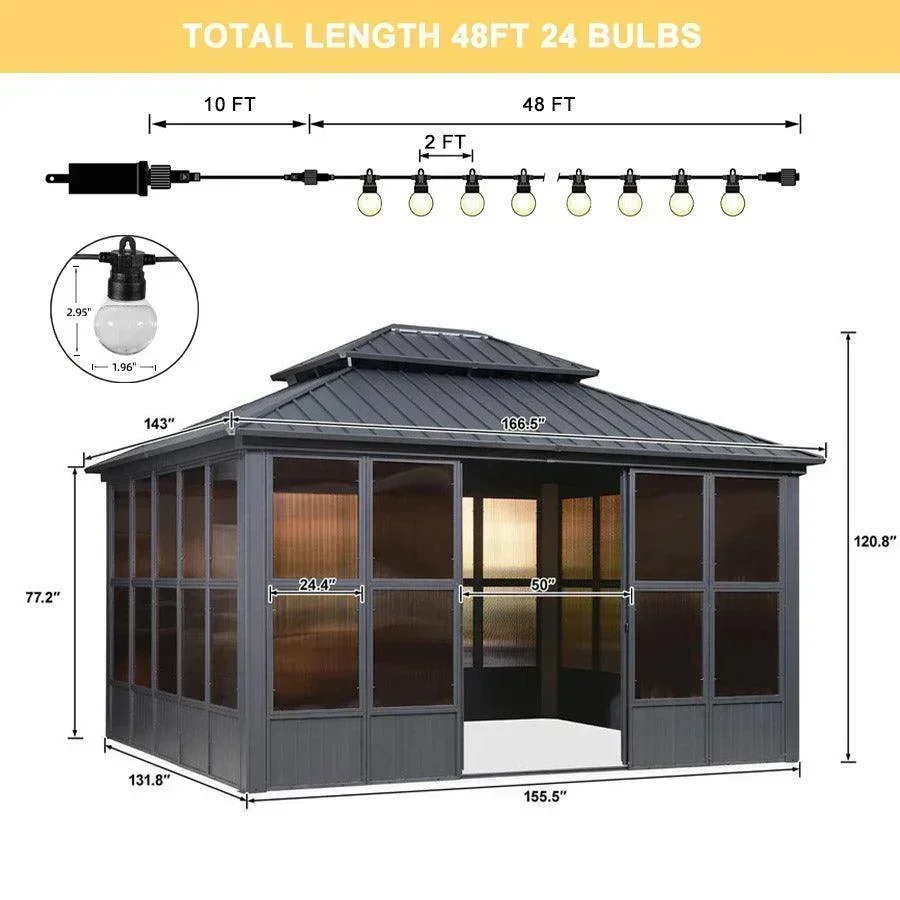 PURPLE LEAF Sunroom Hardtop Gazebo Solarium Grey Galvanized Steel Double Roof  All-Weather Aluminum Outdoor Screen House with String Lights - Image 16