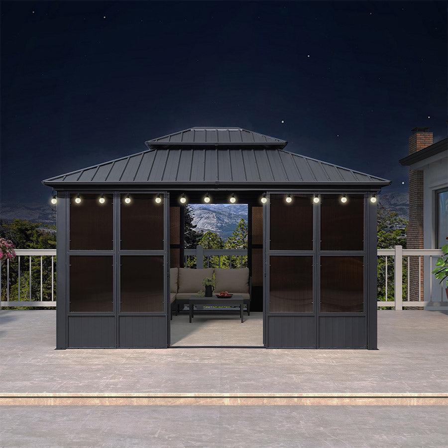 PURPLE LEAF Sunroom Hardtop Gazebo Solarium Grey Galvanized Steel Double Roof  All-Weather Aluminum Outdoor Screen House with String Lights - Image 17