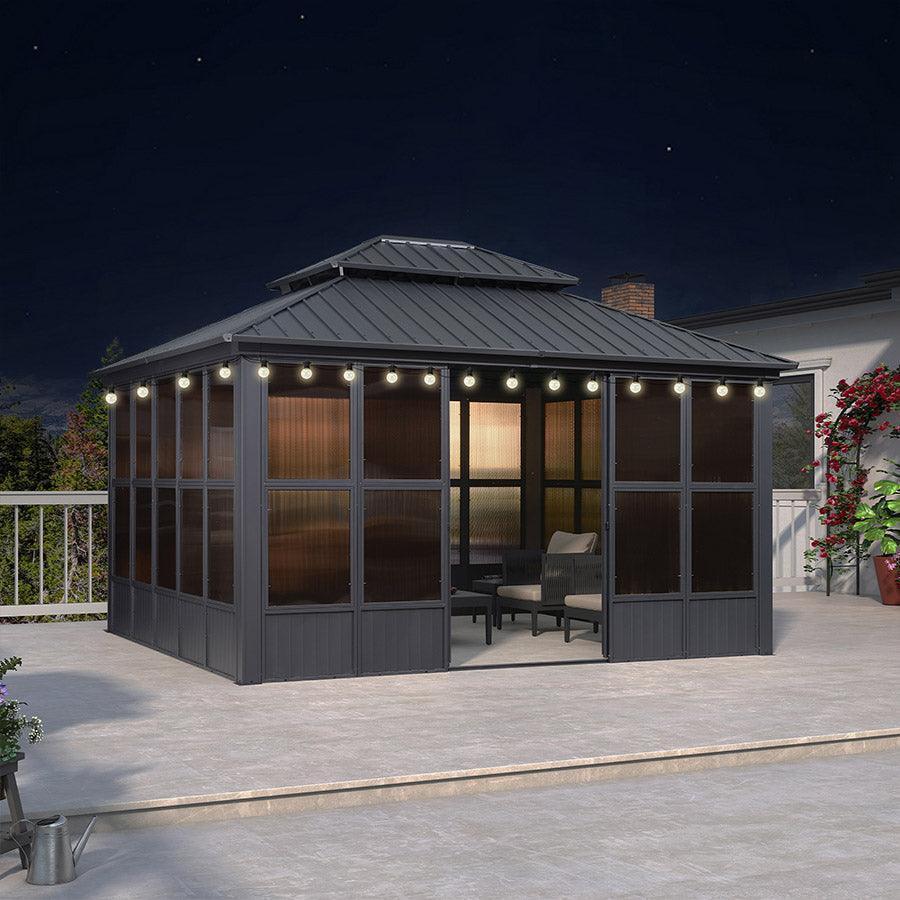 PURPLE LEAF Sunroom Hardtop Gazebo Solarium Grey Galvanized Steel Double Roof  All-Weather Aluminum Outdoor Screen House with String Lights - Image 18