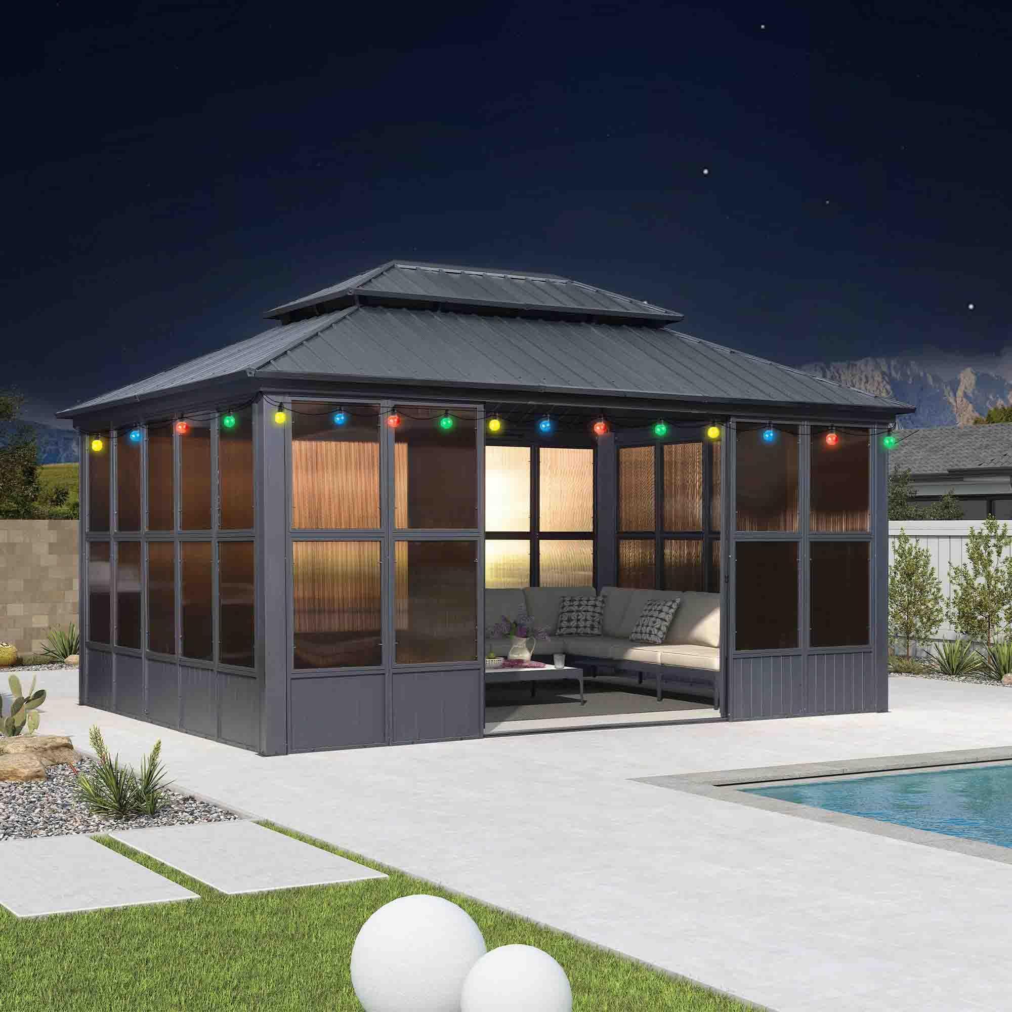 PURPLE LEAF Sunroom Hardtop Gazebo Solarium Grey Galvanized Steel Double Roof  All-Weather Aluminum Outdoor Screen House with String Lights - Image 20